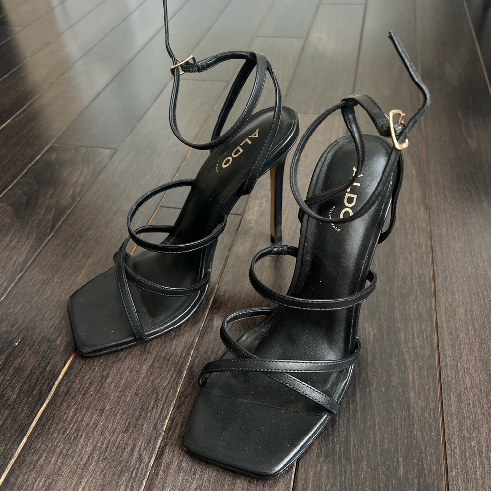 ALDO Black Strappy Heeled Sandals - Square Toe Stiletto Pumps - Picture 2 of 6